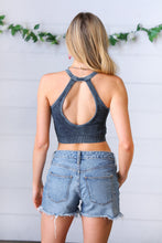 Load image into Gallery viewer, Ash Black Wash Rib Cropped Snap Button V Neck Bralette