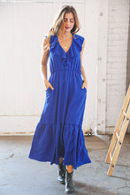Load image into Gallery viewer, Blue Crepe Ruffle V Neck Flutter Sleeve Back Tie Maxi
