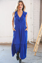 Load image into Gallery viewer, Blue Crepe Ruffle V Neck Flutter Sleeve Back Tie Maxi