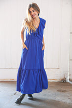 Load image into Gallery viewer, Blue Crepe Ruffle V Neck Flutter Sleeve Back Tie Maxi