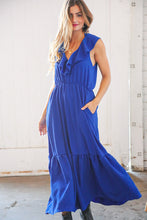 Load image into Gallery viewer, Blue Crepe Ruffle V Neck Flutter Sleeve Back Tie Maxi