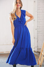 Load image into Gallery viewer, Blue Crepe Ruffle V Neck Flutter Sleeve Back Tie Maxi
