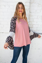 Load image into Gallery viewer, Jacquard Floral Print Color Block Bell Sleeve Top