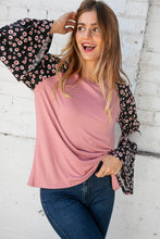 Load image into Gallery viewer, Jacquard Floral Print Color Block Bell Sleeve Top