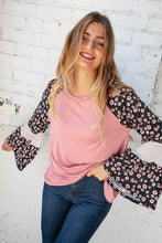 Load image into Gallery viewer, Jacquard Floral Print Color Block Bell Sleeve Top