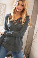 Load image into Gallery viewer, Dark Grey Ribbed Knit V Neck Lace Panel Top