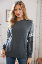 Load image into Gallery viewer, Charcoal Ditzy Floral Bubble Sleeve Lace Trim Pullover