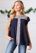 Load image into Gallery viewer, Navy Floral Embroidered Flutter Sleeve Top