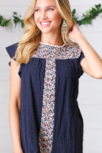 Load image into Gallery viewer, Navy Floral Embroidered Flutter Sleeve Top
