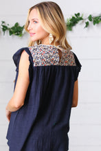 Load image into Gallery viewer, Navy Floral Embroidered Flutter Sleeve Top