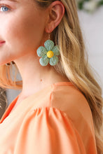 Load image into Gallery viewer, Aqua Handwoven Straw Flower Dangle Earrings