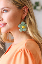 Load image into Gallery viewer, Aqua Handwoven Straw Flower Dangle Earrings