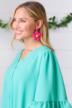 Load image into Gallery viewer, Fuchsia Handwoven Straw Flower Dangle Earrings