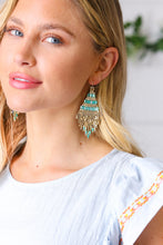 Load image into Gallery viewer, Handmade Teal Green & Gold Beaded Pyramid Drop Earrings