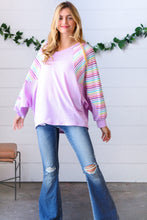 Load image into Gallery viewer, Lavender Two Tone Multi Color Stripe Raglan Top