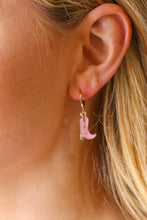 Load image into Gallery viewer, Pink & Gold Cowboy Boot Enamel Hoop Earrings