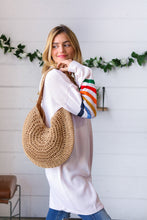 Load image into Gallery viewer, Tan Braided Straw Circle Lined Tote Bag