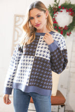 Load image into Gallery viewer, Blue & White Holiday Pattern Ribbed Knit Sweater