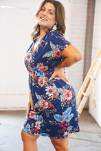Load image into Gallery viewer, Navy Tropical Floral Print Surplice Elastic Waist Dress