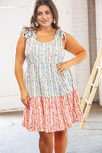 Load image into Gallery viewer, Blue & Pink Vertical Floral Tie Knot Shoulder Tiered Dress