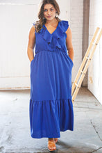 Load image into Gallery viewer, Blue Crepe Ruffle V Neck Flutter Sleeve Back Tie Maxi