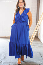 Load image into Gallery viewer, Blue Crepe Ruffle V Neck Flutter Sleeve Back Tie Maxi
