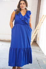 Load image into Gallery viewer, Blue Crepe Ruffle V Neck Flutter Sleeve Back Tie Maxi