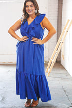 Load image into Gallery viewer, Blue Crepe Ruffle V Neck Flutter Sleeve Back Tie Maxi