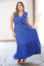 Load image into Gallery viewer, Blue Crepe Ruffle V Neck Flutter Sleeve Back Tie Maxi