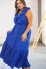 Load image into Gallery viewer, Blue Crepe Ruffle V Neck Flutter Sleeve Back Tie Maxi