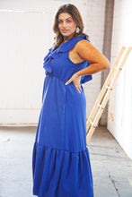 Load image into Gallery viewer, Blue Crepe Ruffle V Neck Flutter Sleeve Back Tie Maxi