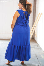 Load image into Gallery viewer, Blue Crepe Ruffle V Neck Flutter Sleeve Back Tie Maxi