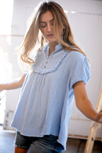Load image into Gallery viewer, Baby Blue Cotton Linen Frayed Yoke Collared Top