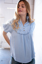 Load image into Gallery viewer, Baby Blue Cotton Linen Frayed Yoke Collared Top