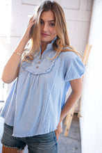 Load image into Gallery viewer, Baby Blue Cotton Linen Frayed Yoke Collared Top