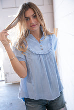 Load image into Gallery viewer, Baby Blue Cotton Linen Frayed Yoke Collared Top