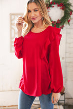 Load image into Gallery viewer, Christmas Red Crepe Ruffle Back Keyhole Blouse