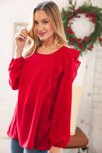 Load image into Gallery viewer, Christmas Red Crepe Ruffle Back Keyhole Blouse