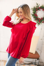 Load image into Gallery viewer, Christmas Red Crepe Ruffle Back Keyhole Blouse