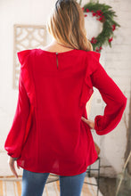 Load image into Gallery viewer, Christmas Red Crepe Ruffle Back Keyhole Blouse