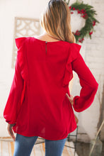 Load image into Gallery viewer, Christmas Red Crepe Ruffle Back Keyhole Blouse