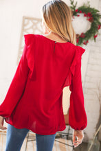 Load image into Gallery viewer, Christmas Red Crepe Ruffle Back Keyhole Blouse