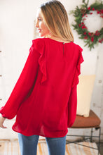 Load image into Gallery viewer, Christmas Red Crepe Ruffle Back Keyhole Blouse