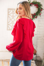 Load image into Gallery viewer, Christmas Red Crepe Ruffle Back Keyhole Blouse