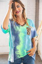 Load image into Gallery viewer, Cobalt Green Tie Dye Leopard V Neck Terry Top