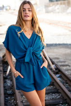 Load image into Gallery viewer, Sapphire Crepe Knot Elastic Waist Dolman Romper