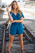 Load image into Gallery viewer, Sapphire Crepe Knot Elastic Waist Dolman Romper
