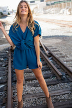 Load image into Gallery viewer, Sapphire Crepe Knot Elastic Waist Dolman Romper
