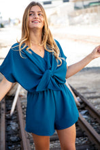 Load image into Gallery viewer, Sapphire Crepe Knot Elastic Waist Dolman Romper
