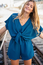 Load image into Gallery viewer, Sapphire Crepe Knot Elastic Waist Dolman Romper